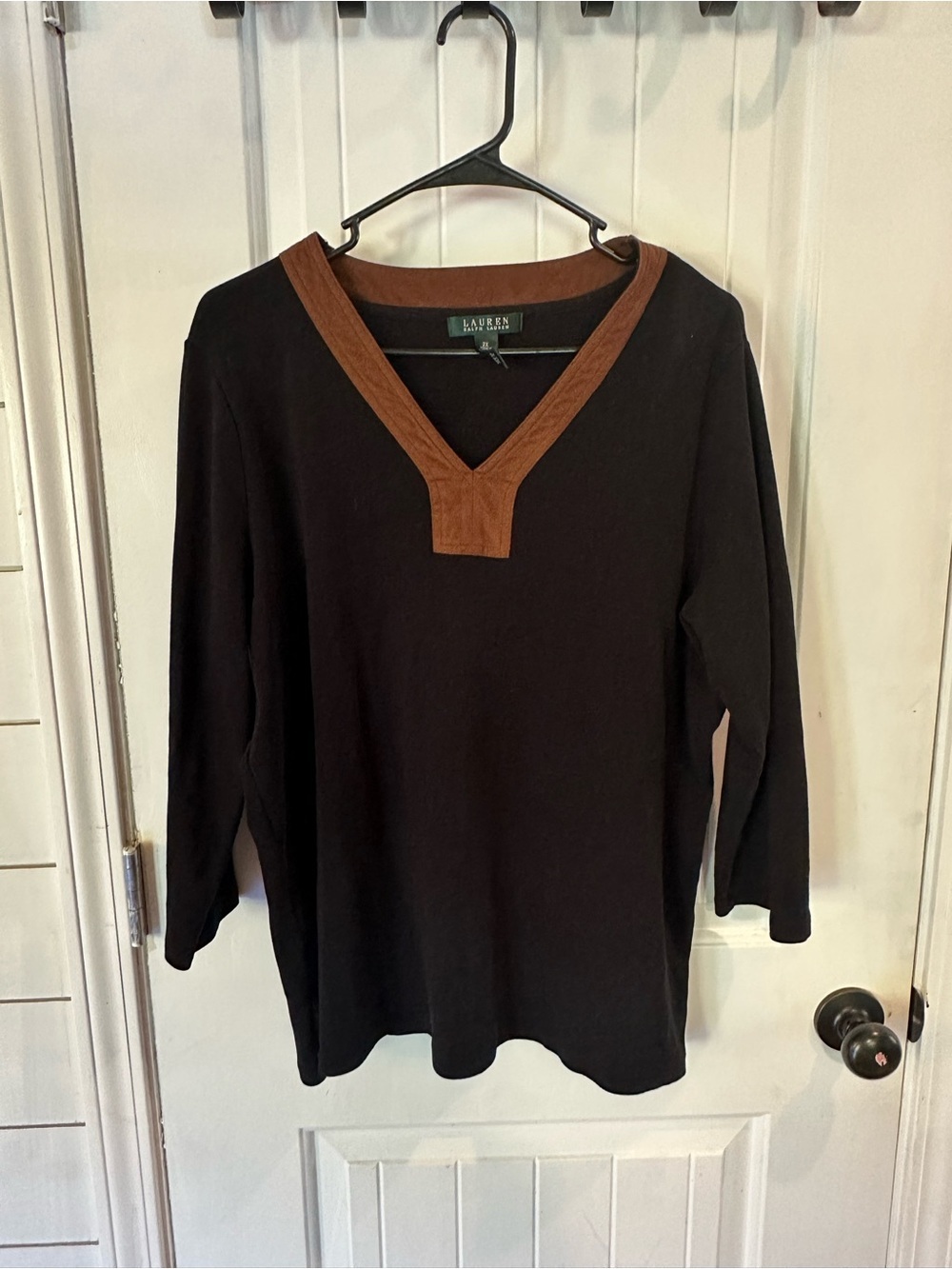 Lauren Ralph Lauren Black V-Neck Shirt with Brown suedeTrim 100% cotton